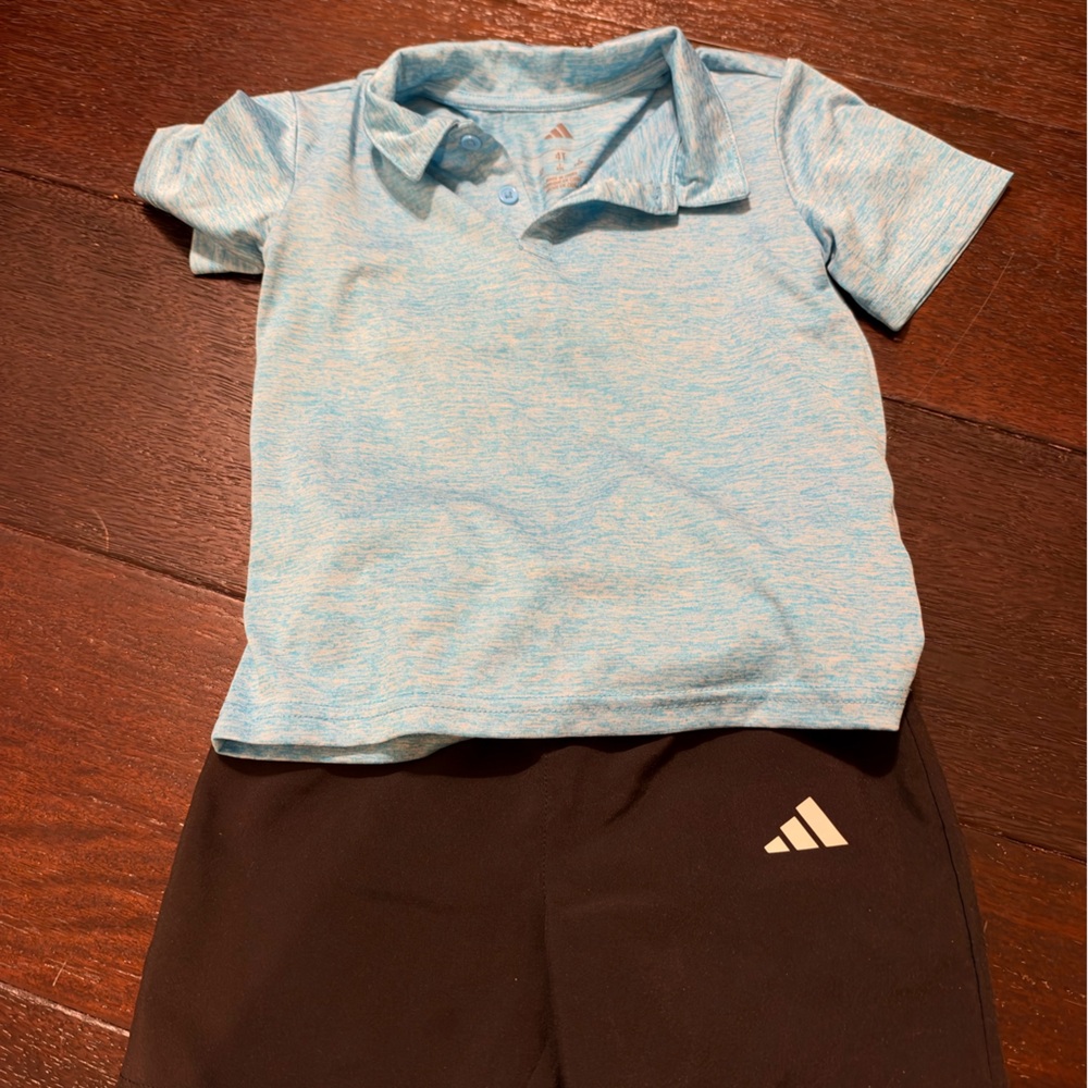 adidas Black Leggings with Light Blue Heather Polo Set